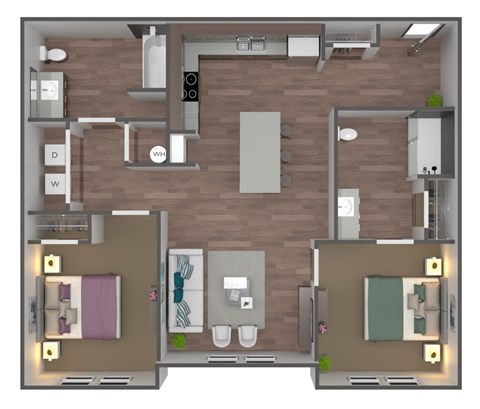 A 3D floor plan of a small apartment with two bedrooms, a living room, and a kitchen.